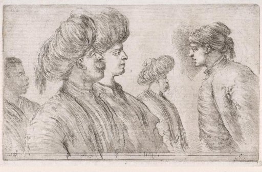 Four Turkish men with turbans and an African man in profile