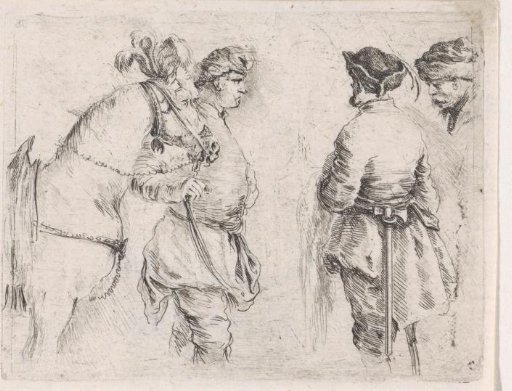 Polish man holding a horse by the bridle and speaking with two men