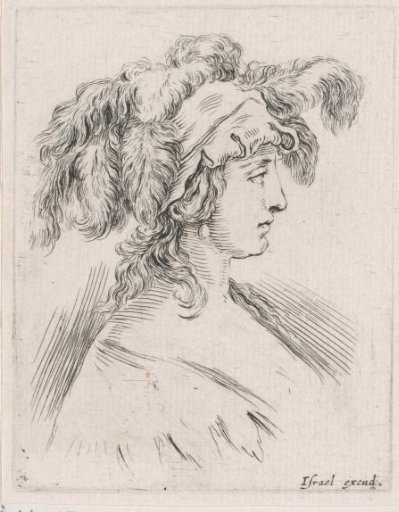 Bust of a woman with a hat with feathers, in profile to the right