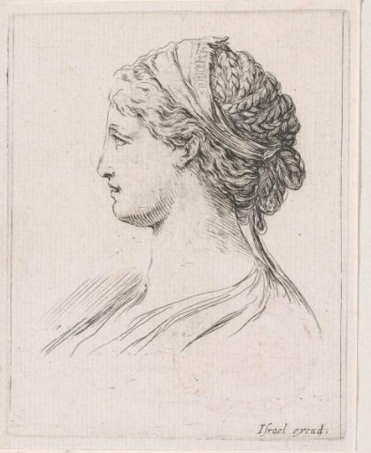 Head of a woman with braided hair, in profile to the left