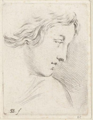 Head of a woman, looking over her shoulder to the right