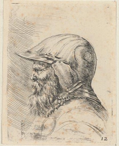 Head of an old soldier with beard and helmet, looking up to the left