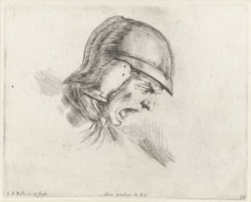 *Hoofd van een schreeuwende soldaat, naar rechts beneden gewend* -> Head of a shouting soldier, turned down to the right