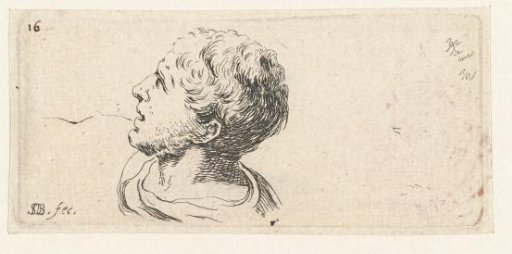 *Hoofd van een man, naar links omhoog kijkend* -> Head of a man, looking up to the left