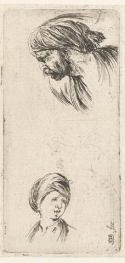 *Hoofd van een Turkse man, naar links beneden kijkend, en het hoofd van een Turkse vrouw* -> Head of a Turkish man, looking down to the left, and the head of a Turkish woman
