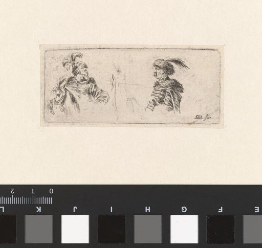 *Bustes van twee mannen met gevederde mutsen te paard* -> Busts of two men with feathered caps on horseback