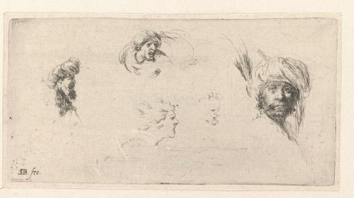 *Drie hoofden van mannen met een tulband en twee geschetste gezichten* -> Three heads of men with a turban and two sketched faces