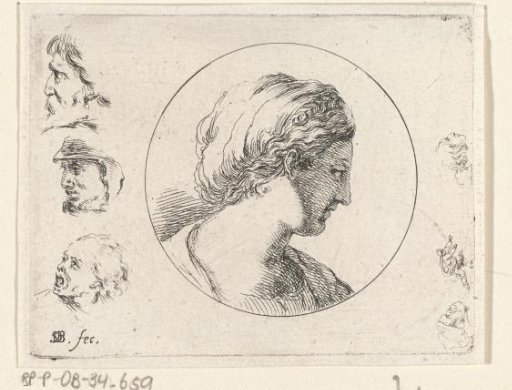 Head of a woman in profile to the right in a circle and three heads of men, turned to the left