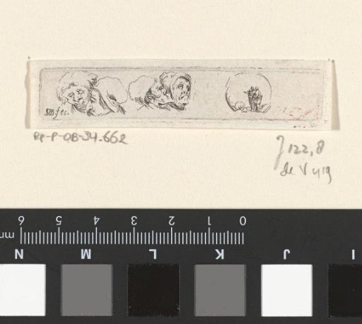 Four caricatural heads and two standing figures in a circle
