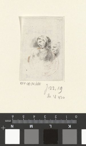 Head of a woman with open mouth and a head in profile to the left
