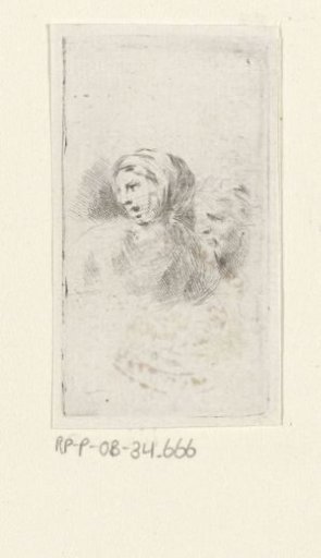 Head of a woman with open mouth and a head in profile to the left