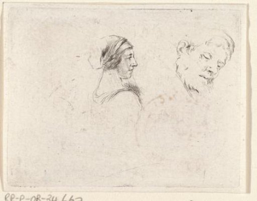 Woman in profile to the right and the head of a sleeping man
