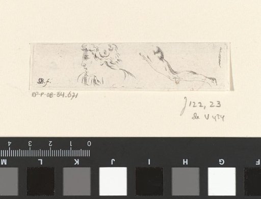 Head of a man in profile to the left and a leg