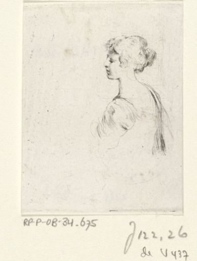 Woman with hair pinned up, three-quarter view from the back