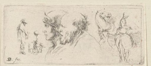 Two busts of men, a woman on a horse, a horse's head, a standing man and a sitting woman