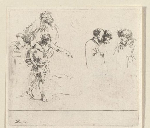 Three men in conversation, a man with a camel and a man with a package under his arm