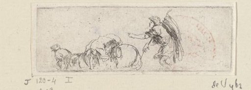 Figure with a banner drives a laden horse forward