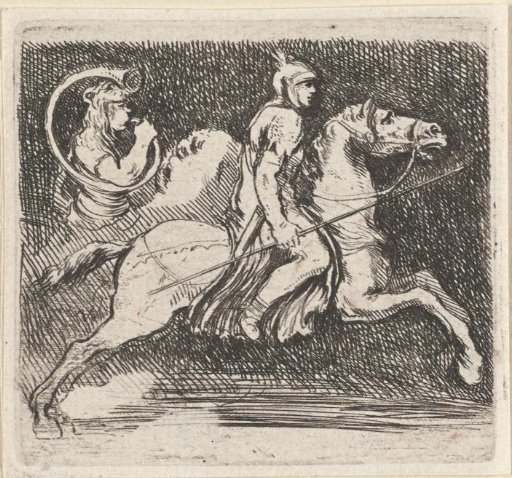Rider with lance on horseback and a trumpeter