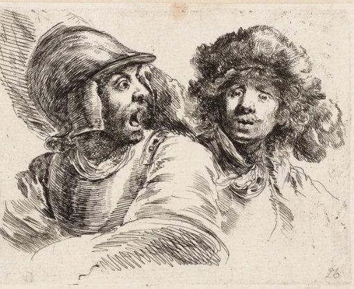 Startled soldier and man with plumed cap (portrait of Rembrandt)