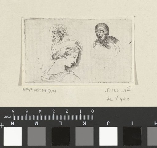 Heads of a woman, an old man with beard and a soldier with helmet