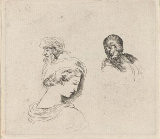 Heads of a woman, an old man with beard and a soldier with helmet