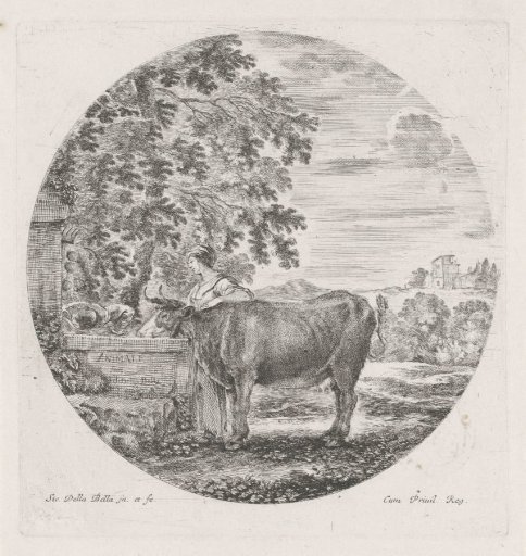 Title page print with a drinking cow in a landscape