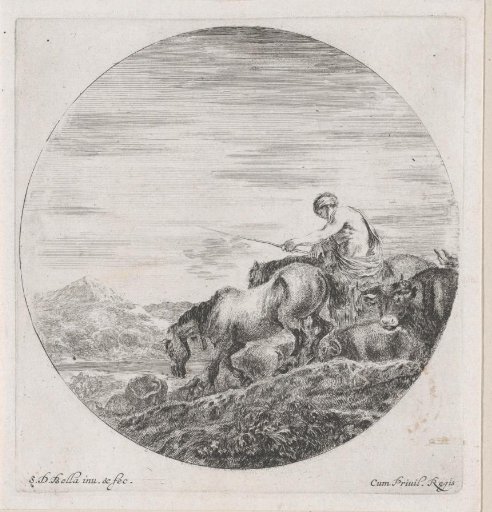 Shepherd on horseback driving a herd forward