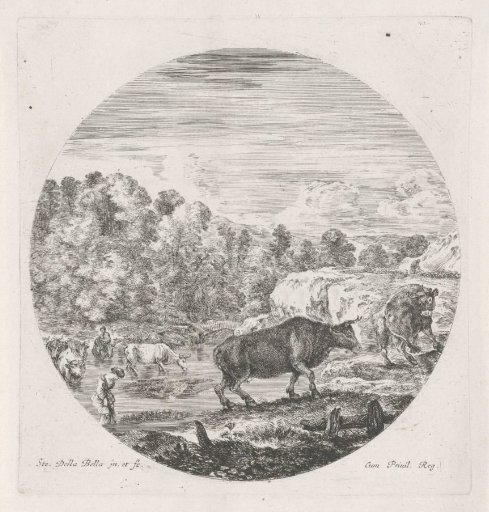 Shepherdesses with a herd fording a river