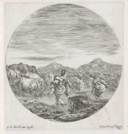 Two women fording a river following a herd