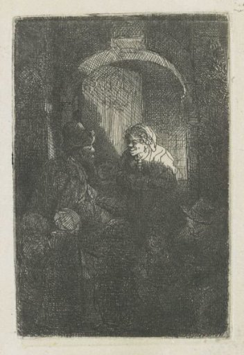 A hurdy-gurdy player followed by children at the door of a house