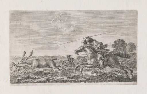 Stag and roe deer hunted by hunters on horseback