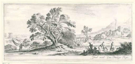 Landscape with fisherman, tree and riders