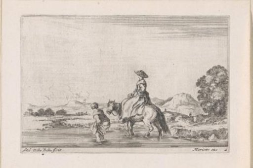 Peasant woman on horseback and peasant woman on foot fording a river