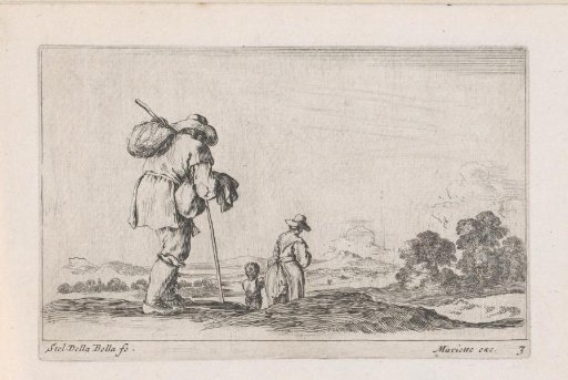 Man with a knapsack follows woman with child