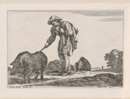 Peasant driving pigs