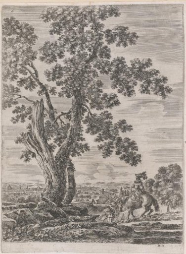 Landscape near Rome with trees and woman on horseback