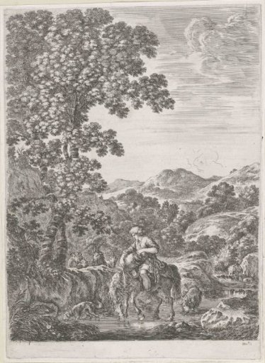 Shepherd on horseback in a brook