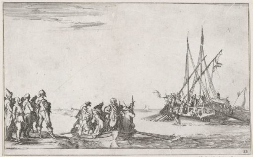 Small skiff with men sailing towards a galley