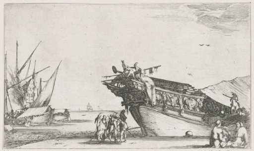 Men on quay at the stern of a galley