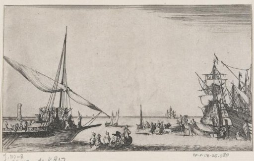 Skiffs sailing between a galley on the left and a sailing ship on the right