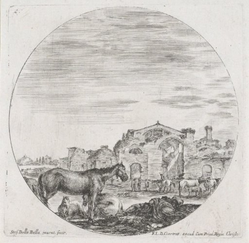 Sleeping shepherd and horses in a landscape with the Baths of Diocletian