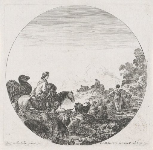 Procession of shepherds with animals in a landscape