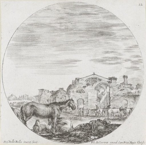 Sleeping Shepherd and Horses in a Landscape with the Baths of Diocletian
