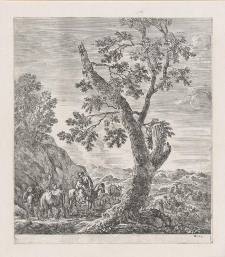 Woman with Child on Horseback near Tree and Flock