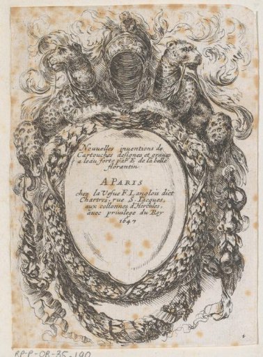 Title page with cartouche with text, panthers, a helmet and garlands