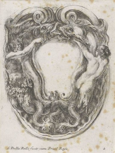 Cartouche with two fish, a triton and a siren