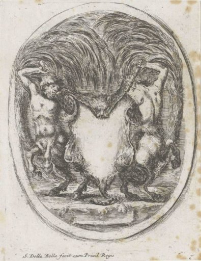 Cartouche with two centaurs holding up a panther skin