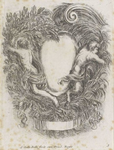 Cartouche with Apollo in a laurel bush and Pan among the reeds