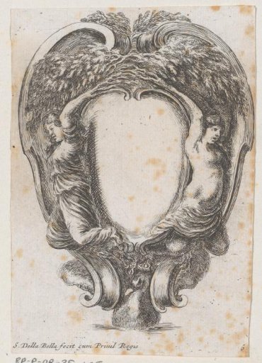 Cartouche with a duck and two nymphs whose arms are grown into branches