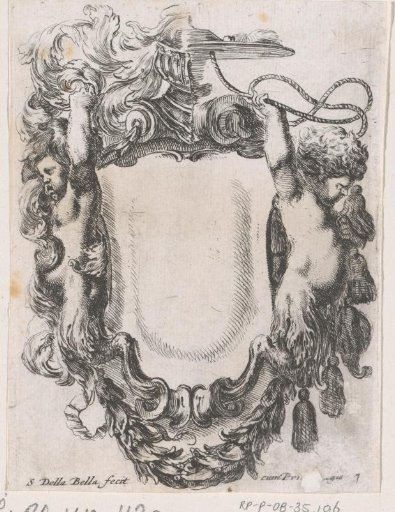 Cartouche with two young satyrs, a half cardinal's hat and a half helmet